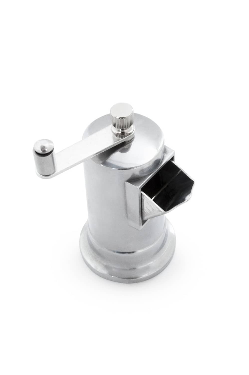Manual stainless steel spice grinder with side crank handle and dispensing window