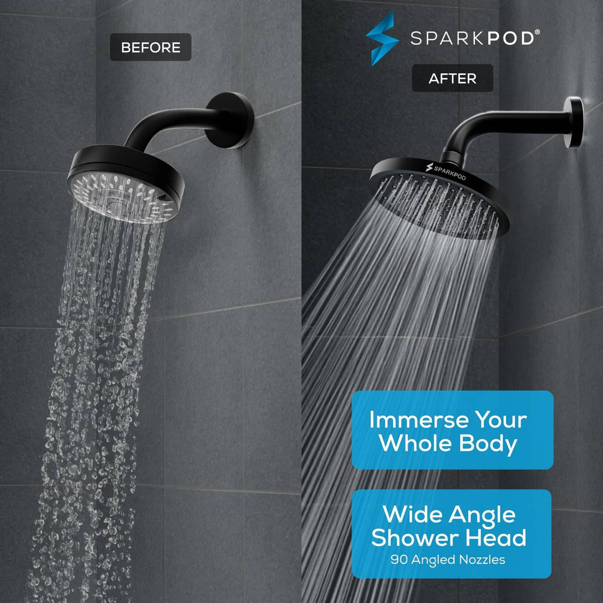 Wall-mounted rain shower head with many spray jets and wide rainfall coverage.