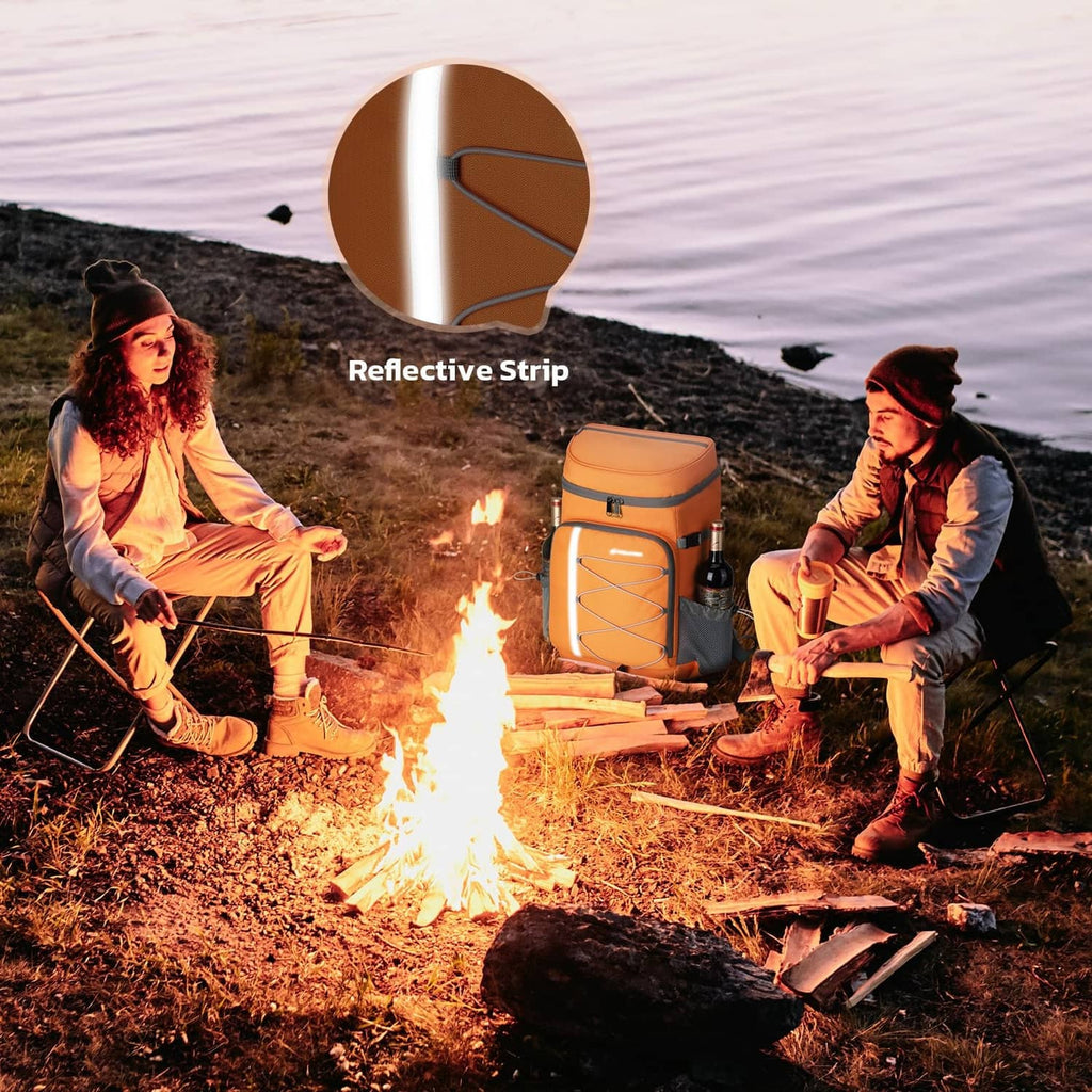 Orange cooler backpack with visible reflective strip on side for night visibility