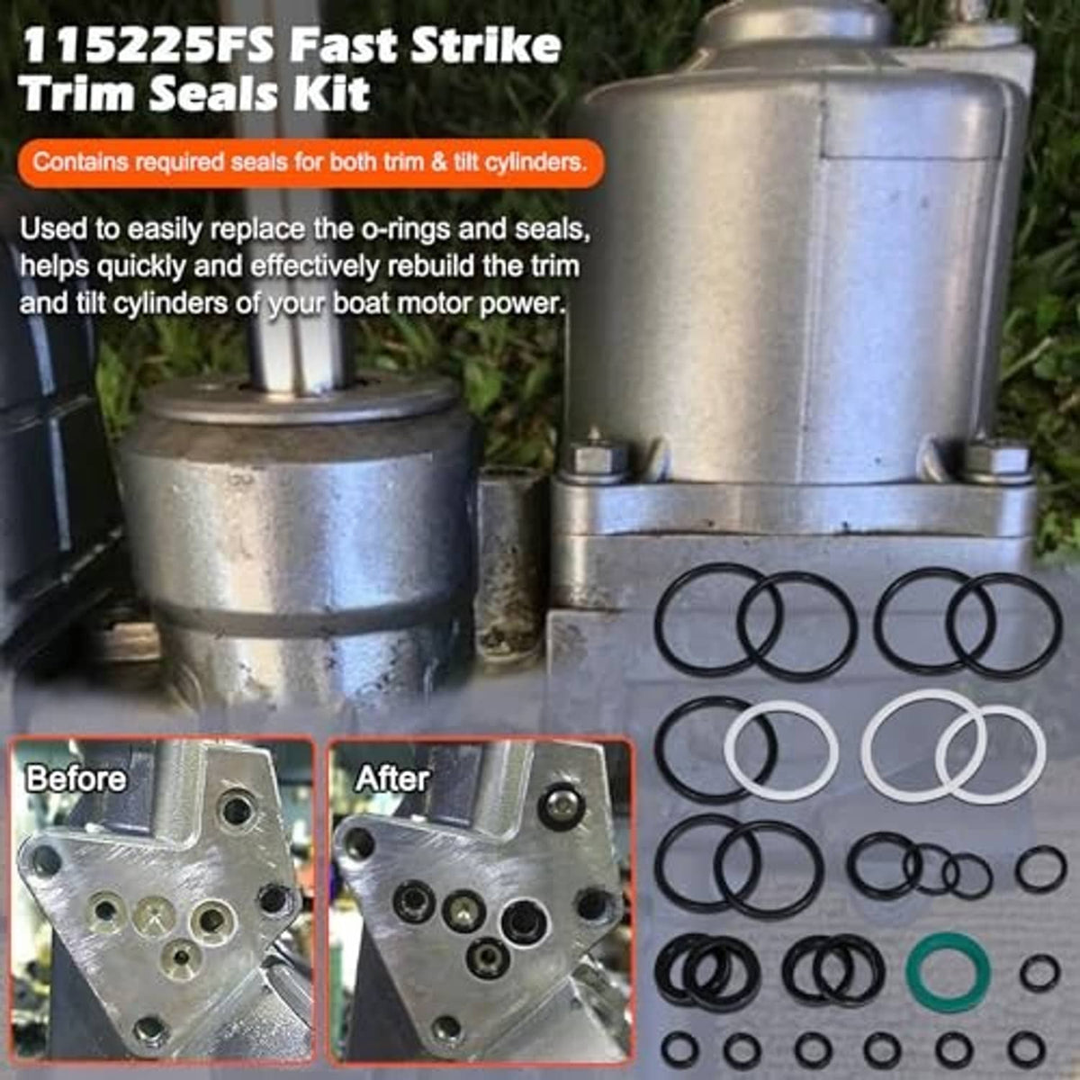 Outboard trim tilt pin wrench set with o-rings and seals alongside threaded pins