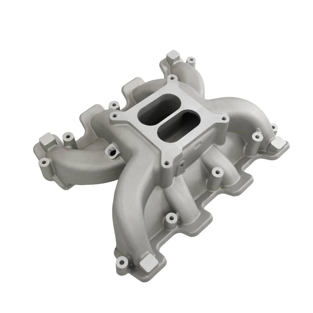 Dual-port aluminum intake manifold with mounting bosses and gasket surfaces