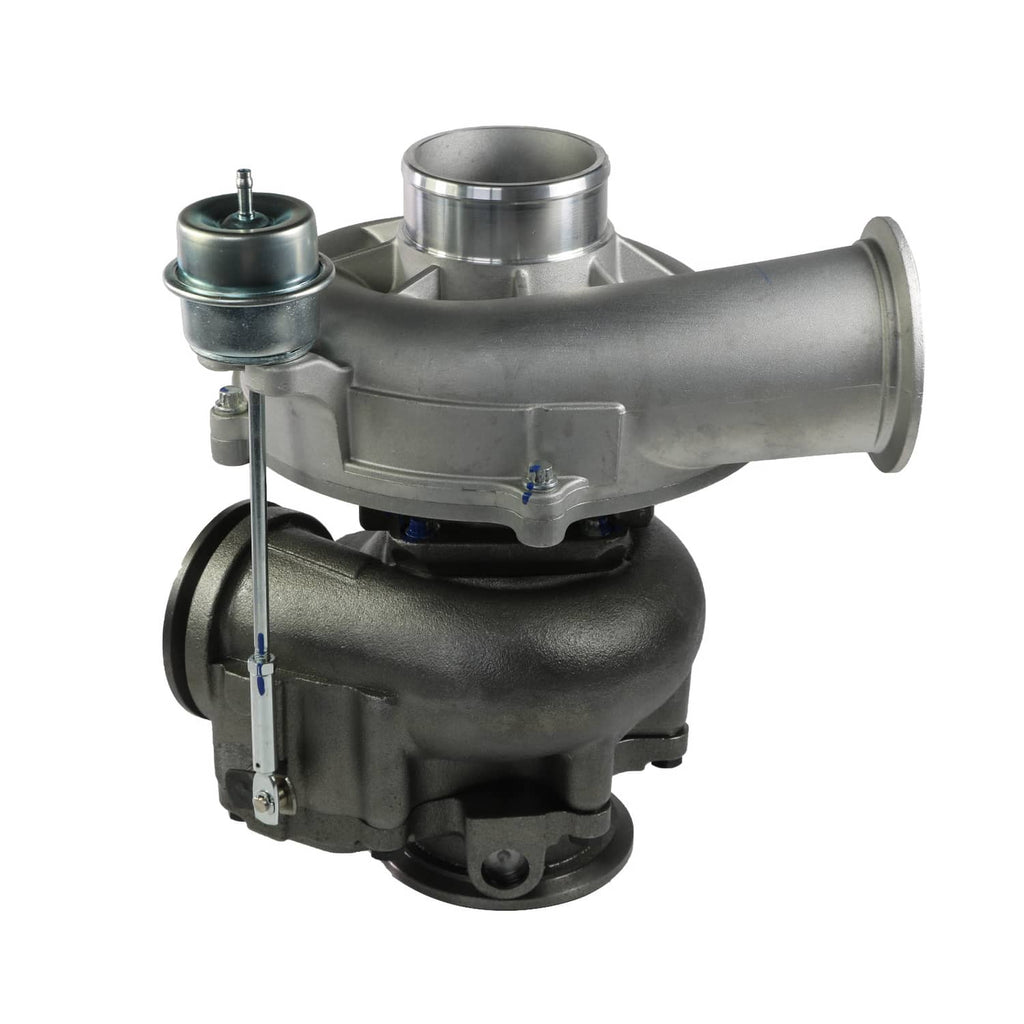 Turbocharger with cast metal compressor and turbine housings, outlet pipe and actuator