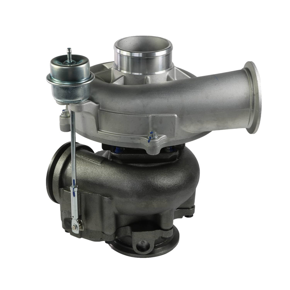 Turbocharger with cast metal compressor and turbine housings, outlet pipe and actuator