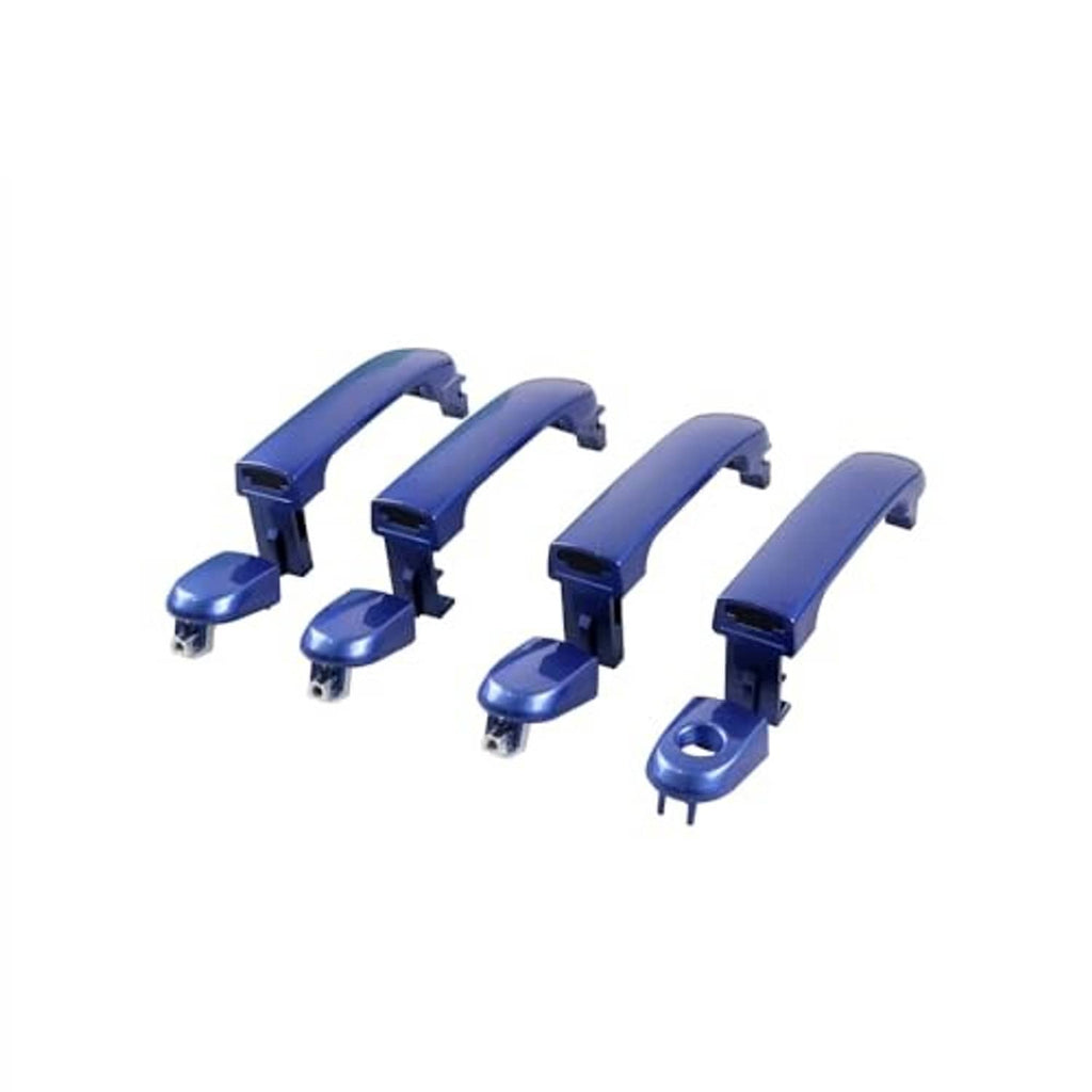 Four blue exterior door handles with pull caps and posts