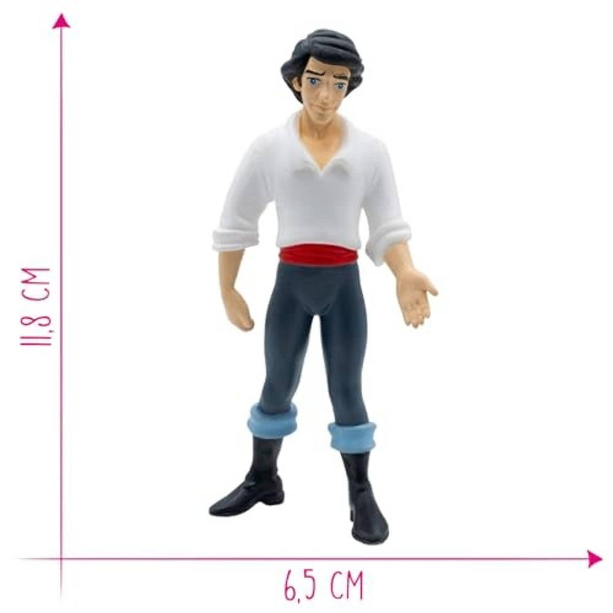 Hand-painted toy figure standing, white shirt with red sash and dark pants