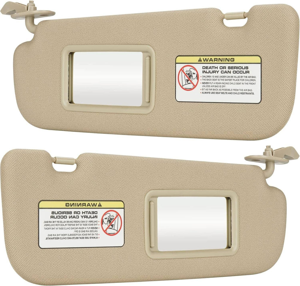 Beige sun visor pair with vanity mirrors and side mounting clips