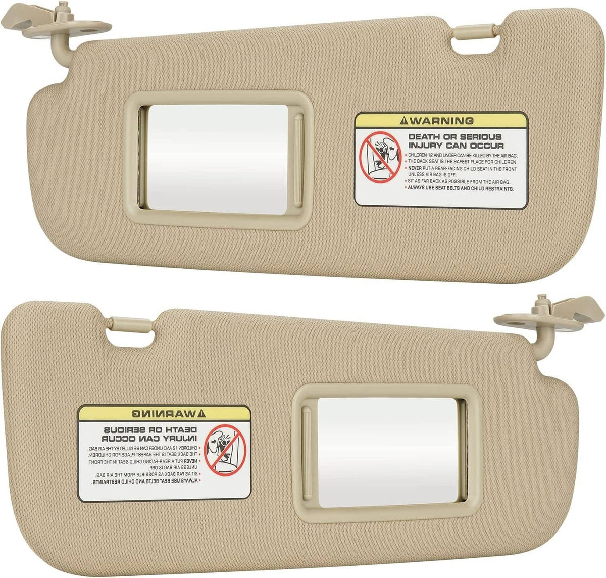 Beige sun visor pair with vanity mirrors and side mounting clips