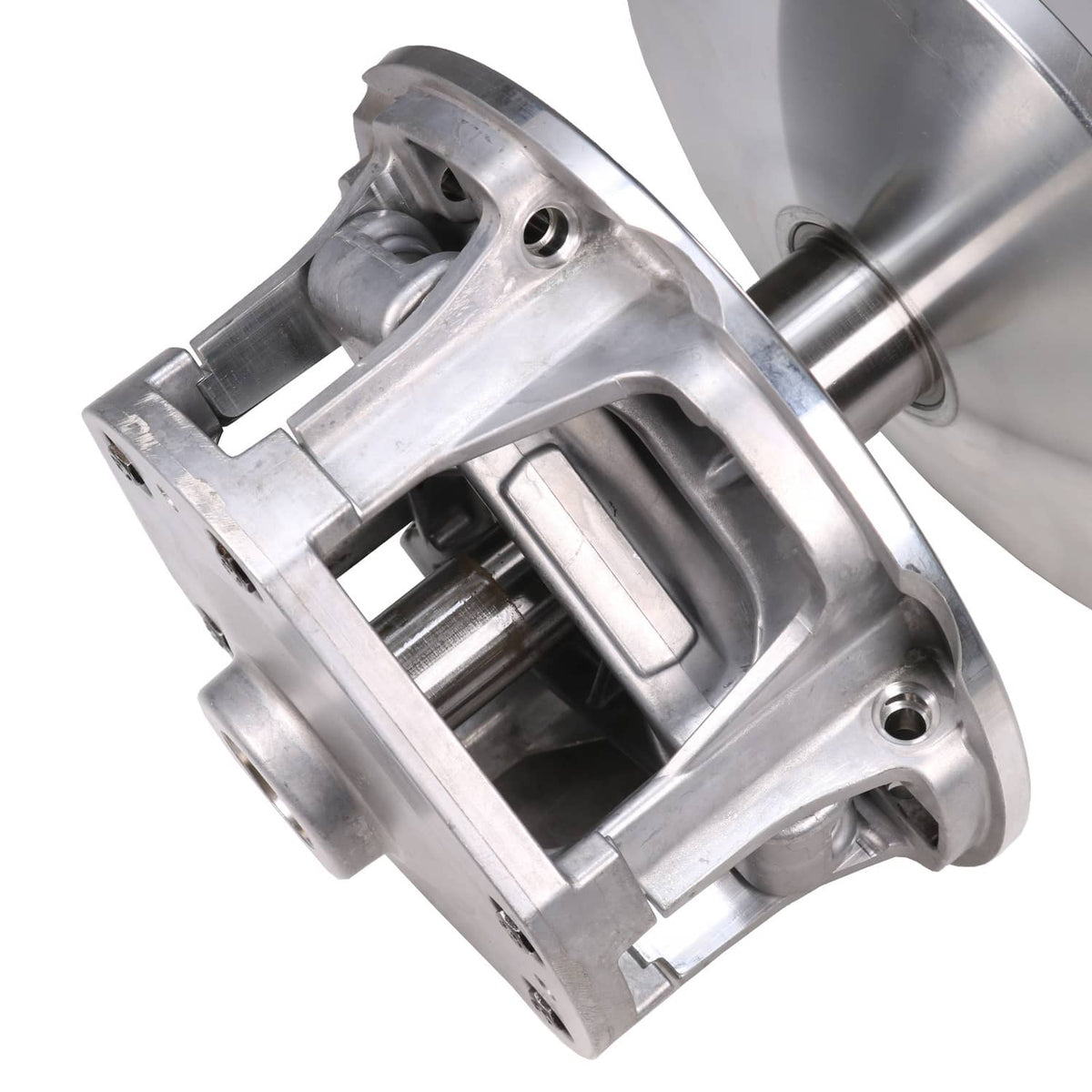Primary drive clutch assembly showing silver housing and internal roller arms