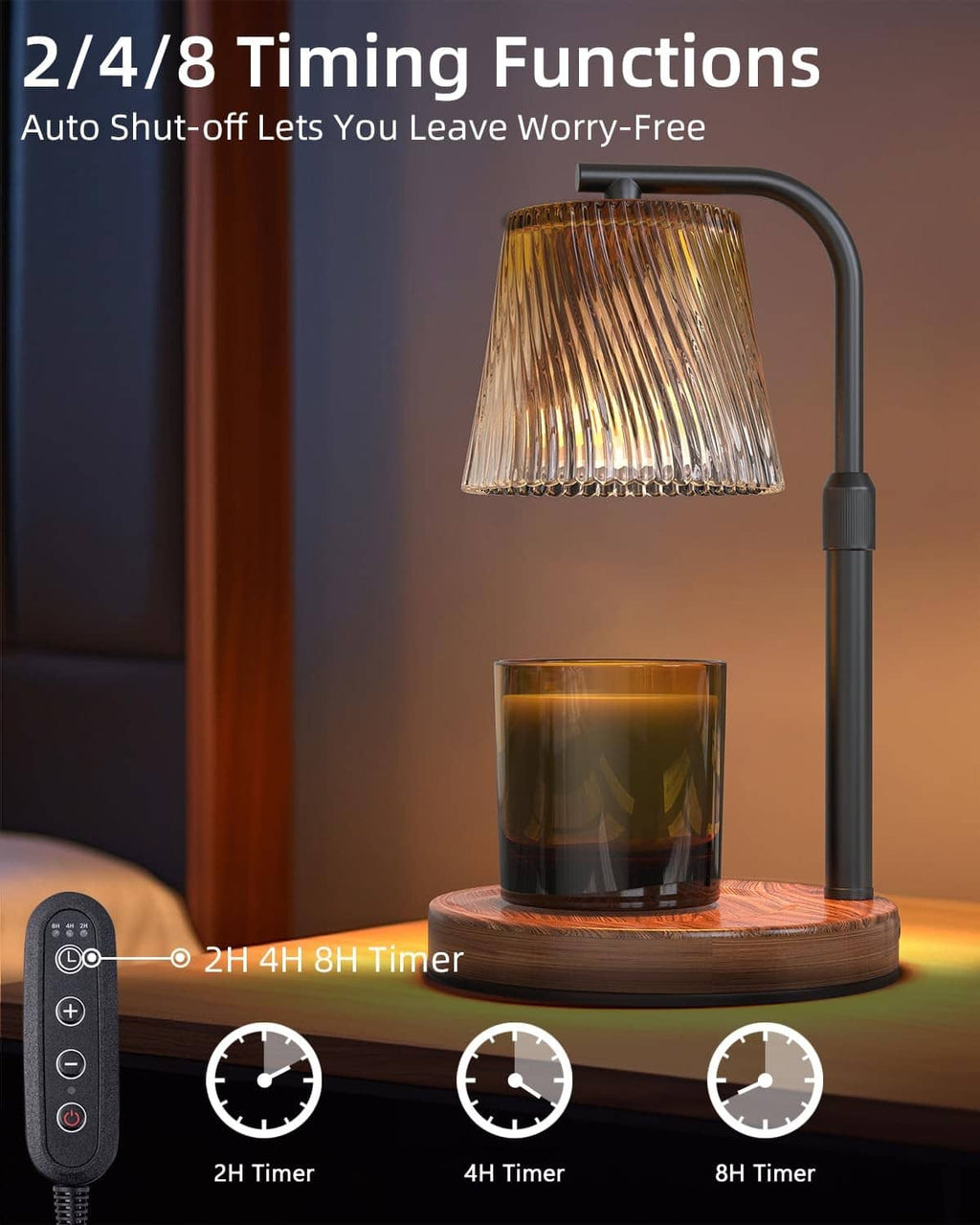 Candle warmer lamp with ribbed glass shade and lit candle, tall matte black stand
