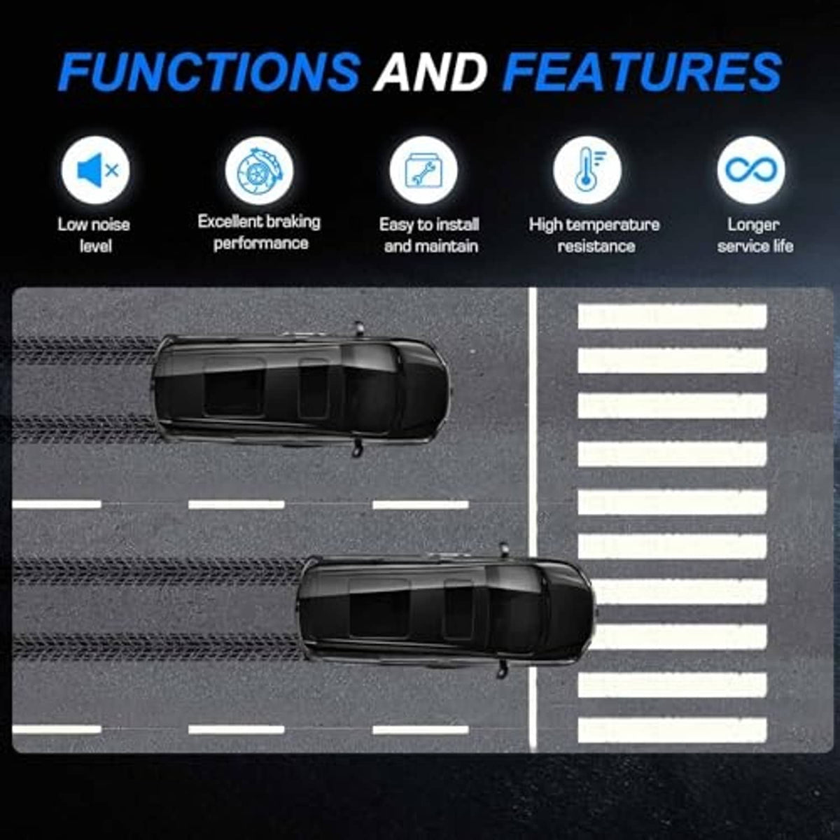 Ceramic brake pads benefits infographic with icons and road braking scene