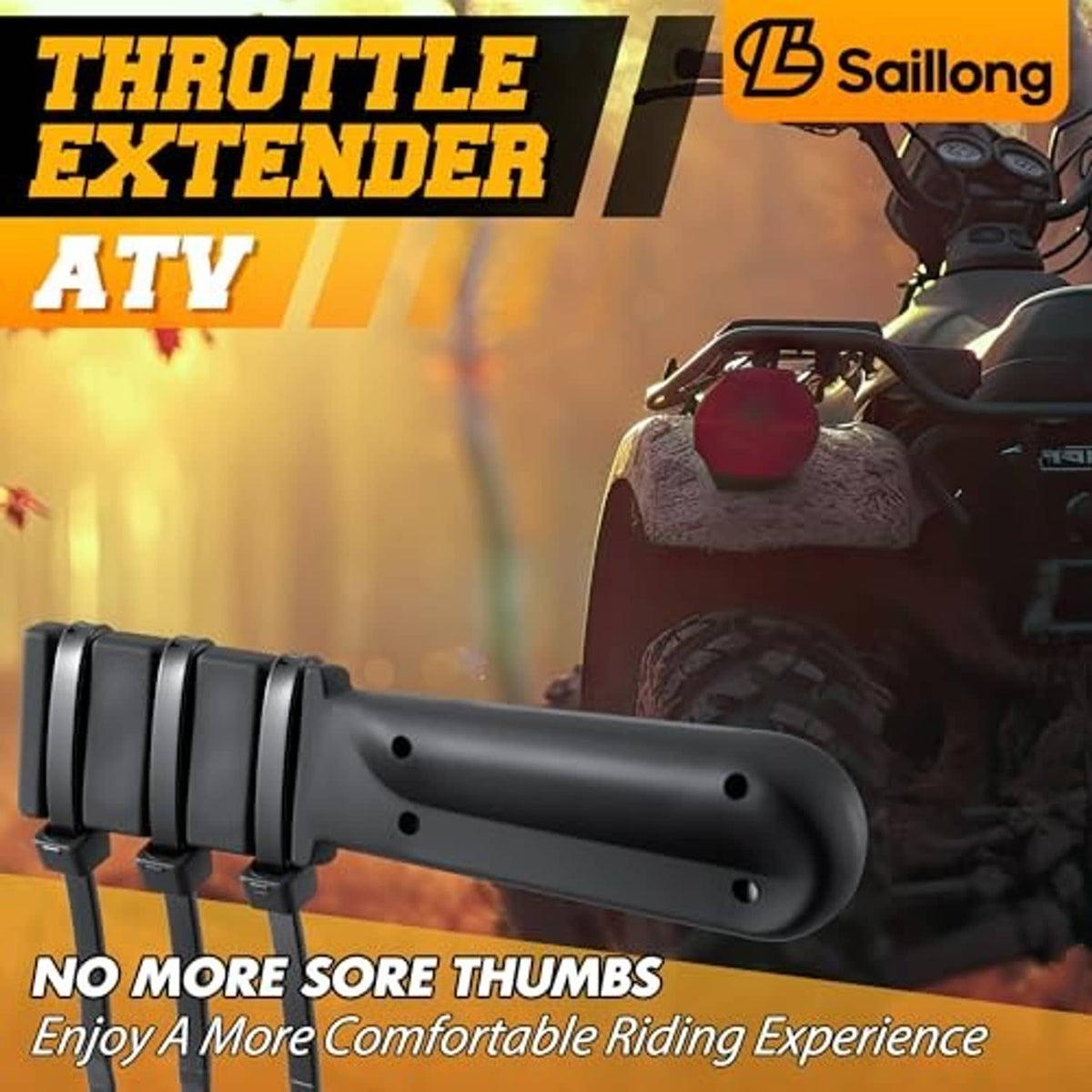 Black wrap-around thumb throttle extender for ATV handlebar, mounted on controls