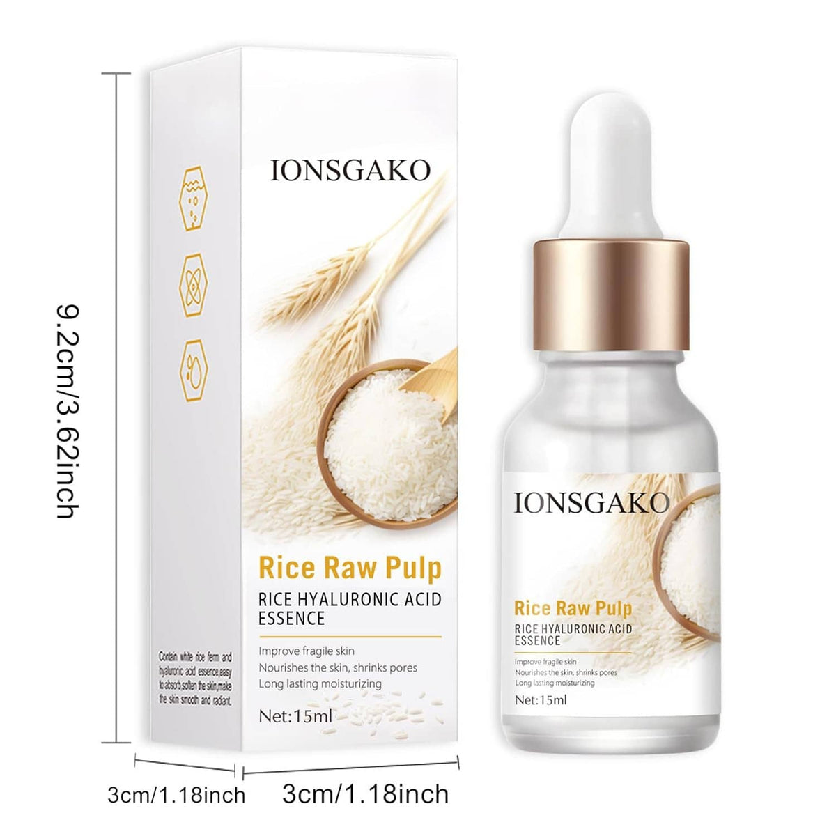 Skincare serum bottle and white IONGSAKO box with size markers and rice pulp artwork