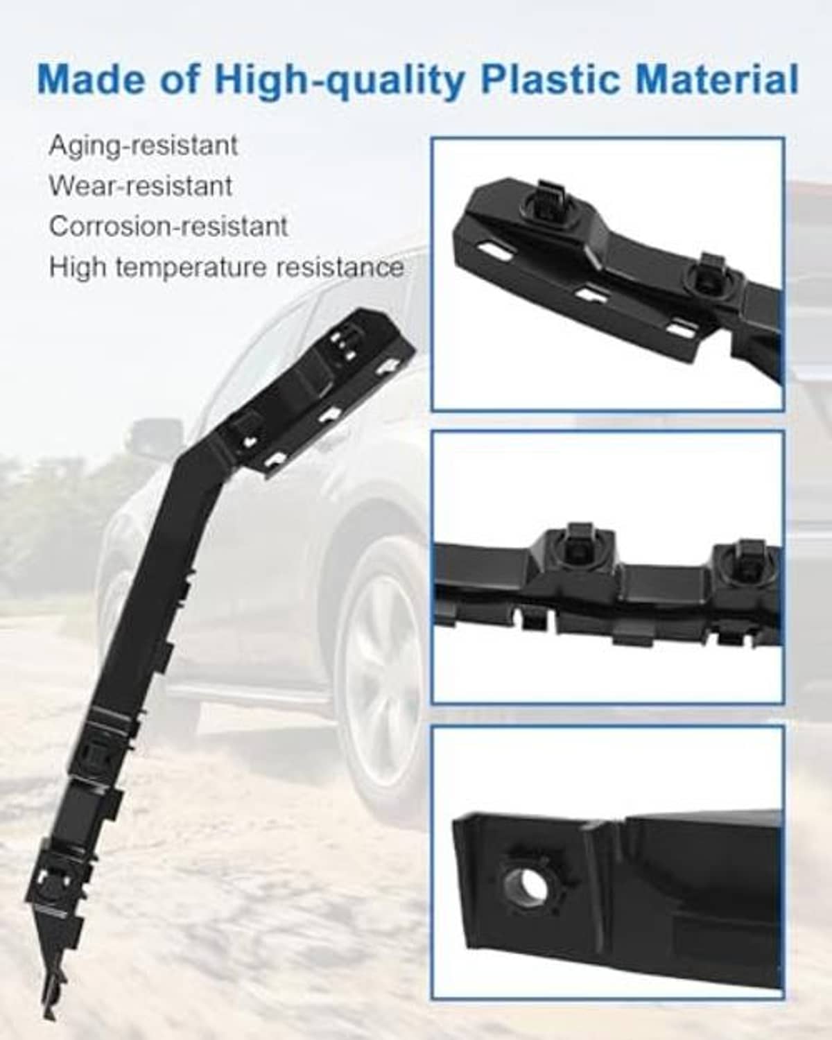 Black plastic bracket retainer with mounting holes and raised clip tabs, close-up