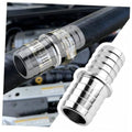 Aluminum radiator hose adapter with barbed ends and chrome-finished connector for coolant lines