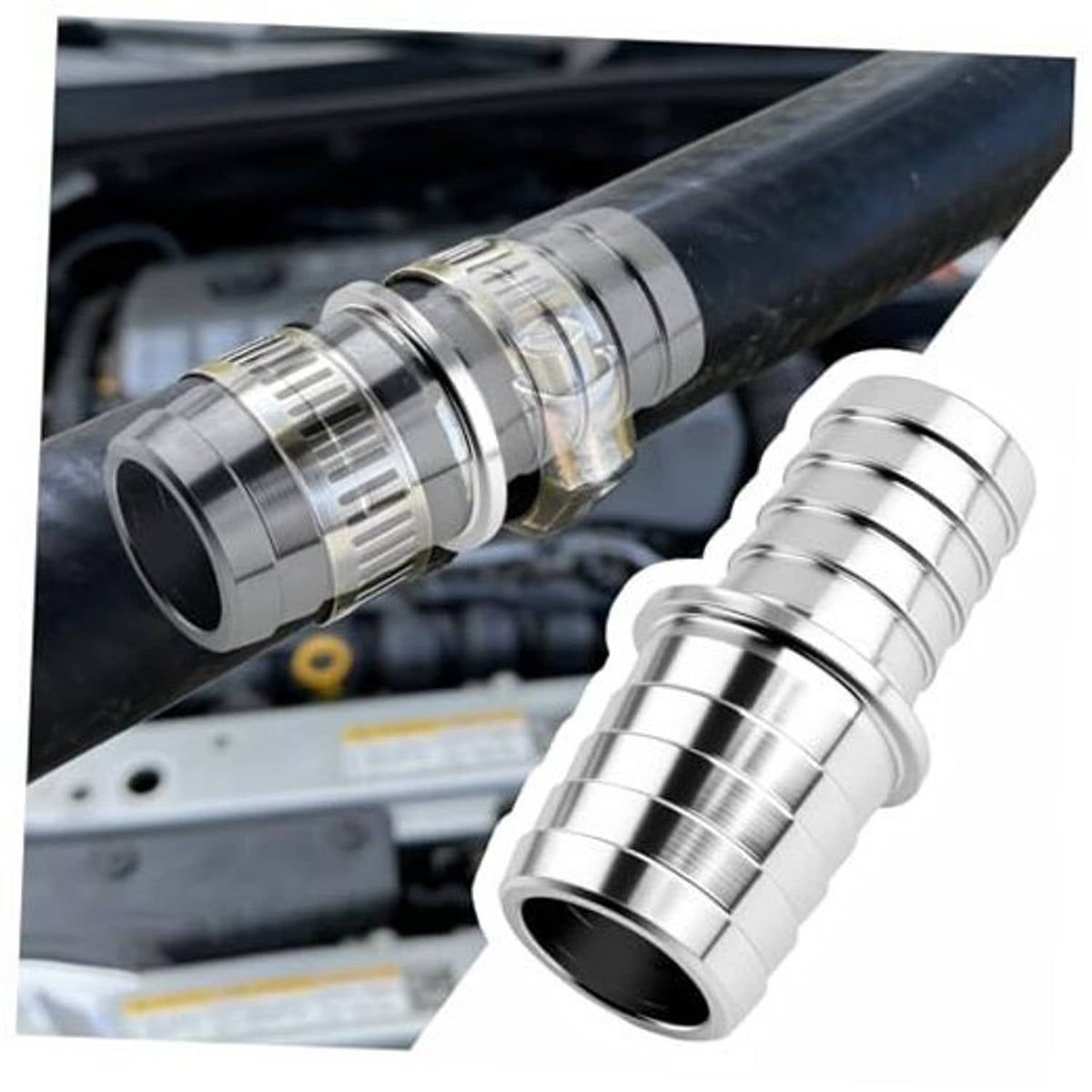 Aluminum radiator hose adapter with barbed ends and chrome-finished connector for coolant lines