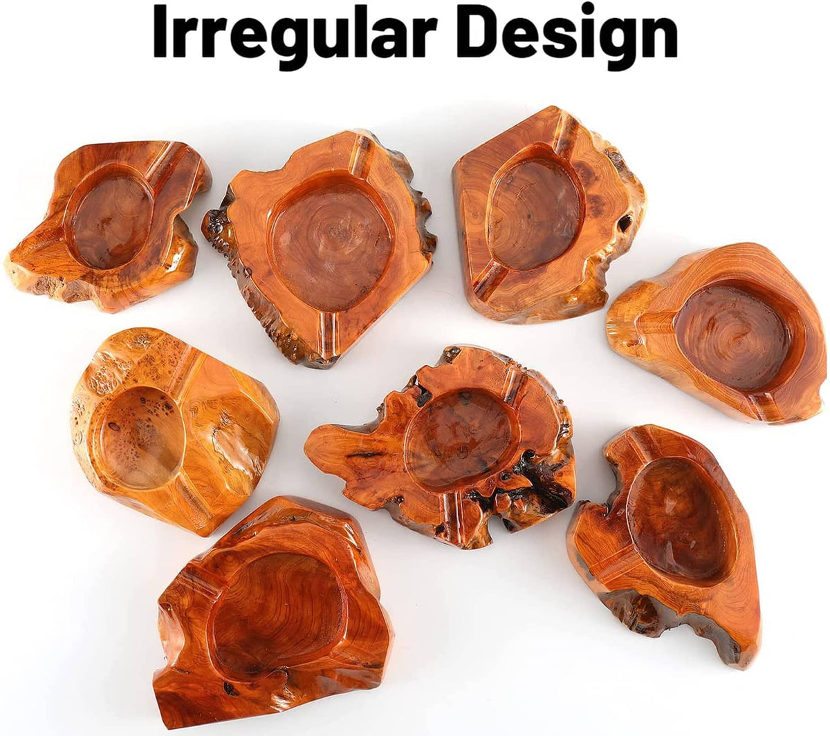 Set of irregular wooden cigar ashtray bowls with carved centers, rustic brown tones