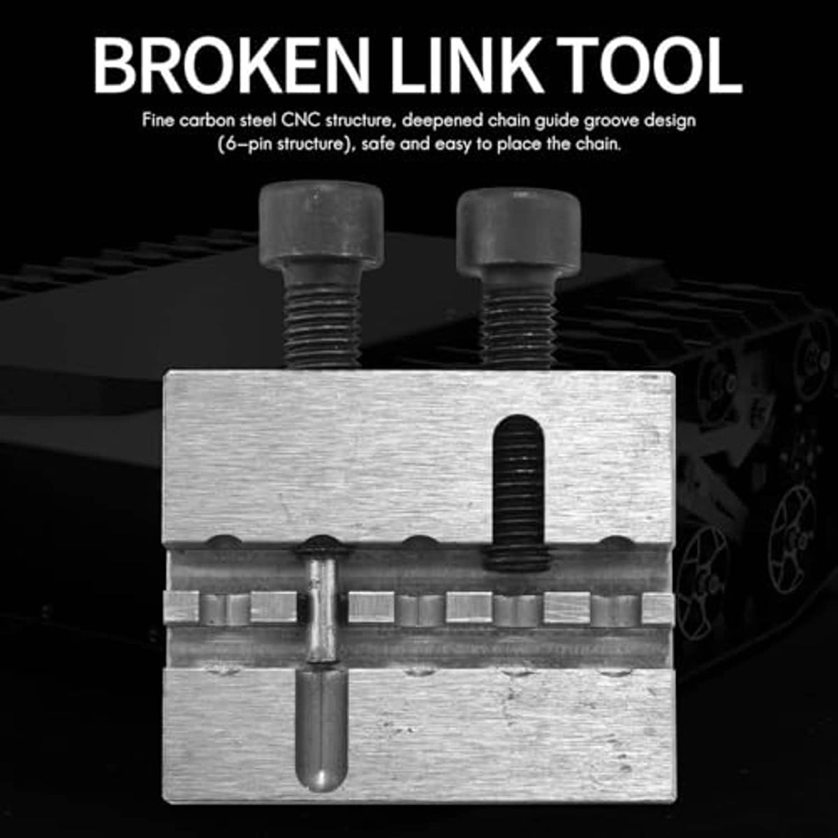 Steel chain breaker tool block with two threaded bolts and center punch pin