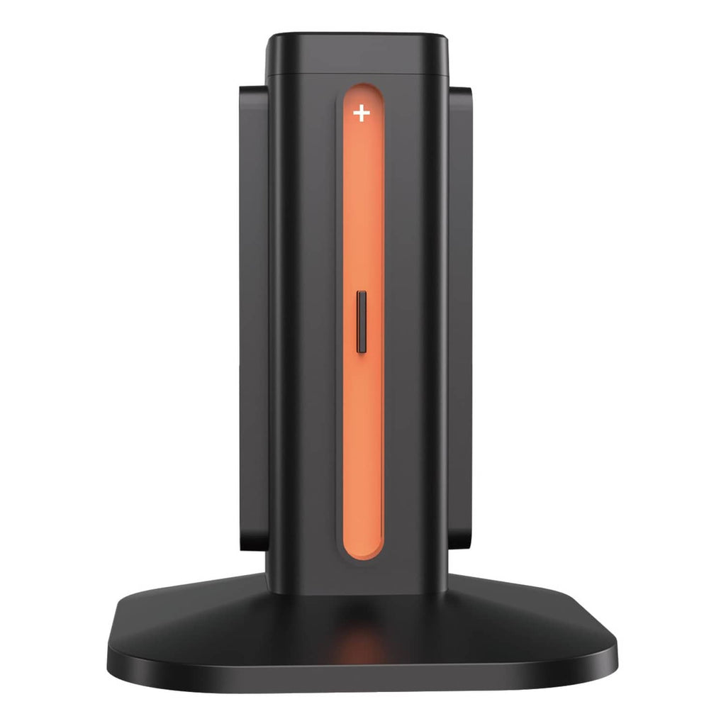 Black vertical charging dock with orange LED status bar and Joy-Con holders