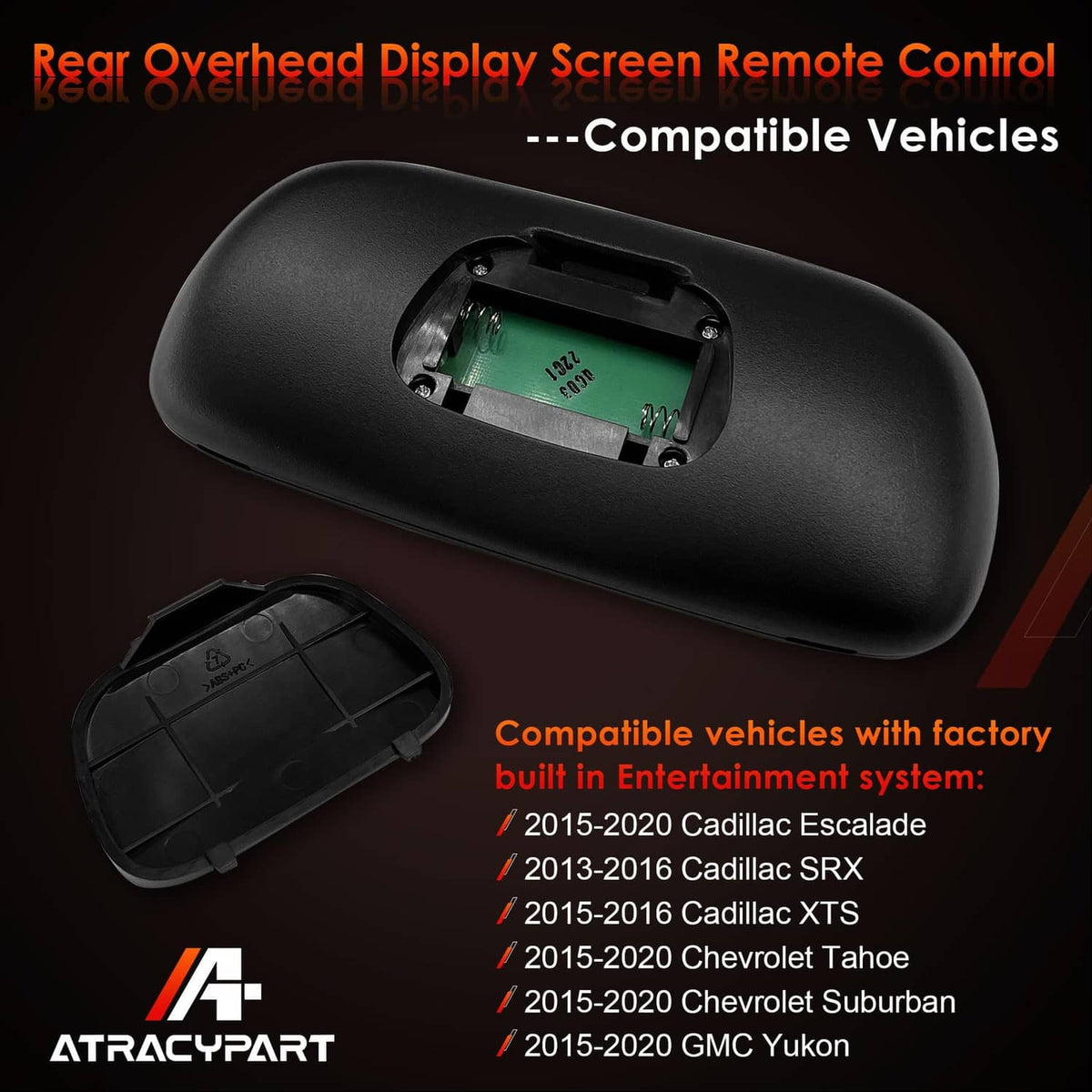 Black rear overhead display remote control with battery compartment open