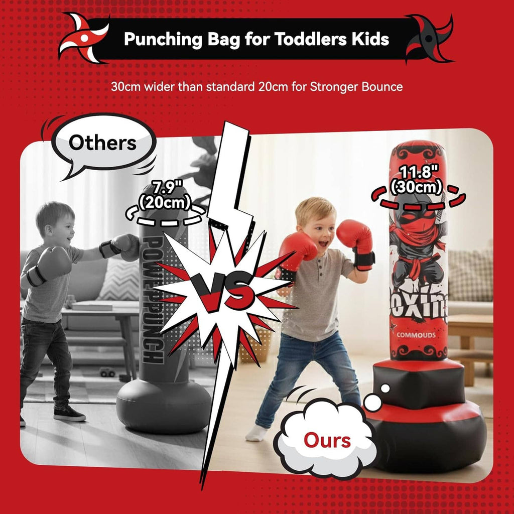 Inflatable kids punching bag with red gloves shown with children in size comparison