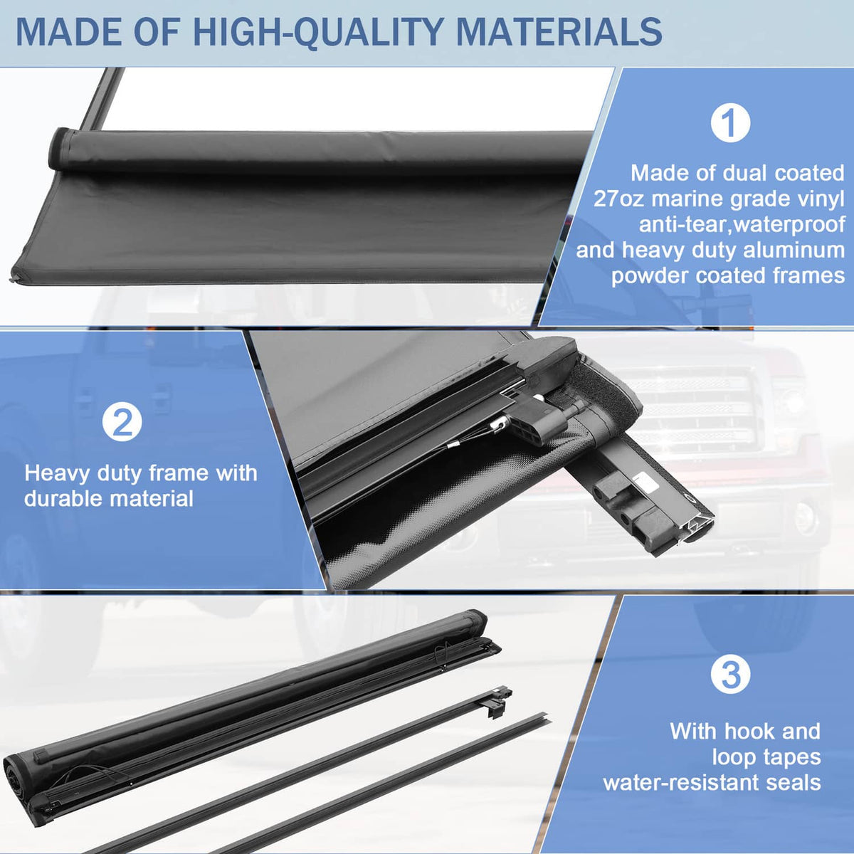 Soft roll-up tonneau cover with heavy-duty frame, rails, and hook-and-loop seals