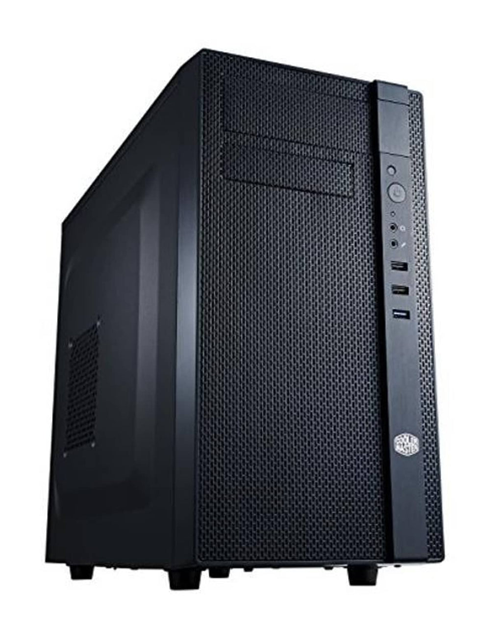Black mini tower PC case with fully meshed front panel and side I/O panel