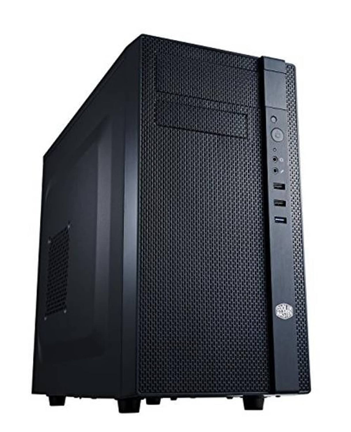 Black mini tower PC case with fully meshed front panel and side I/O panel
