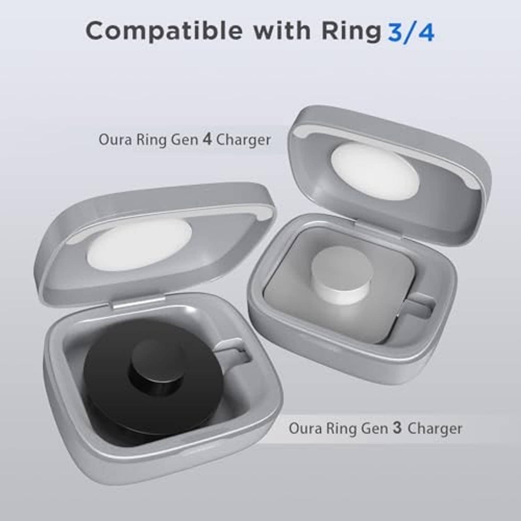 Silver charging case shown open with two charger docks for ring charging