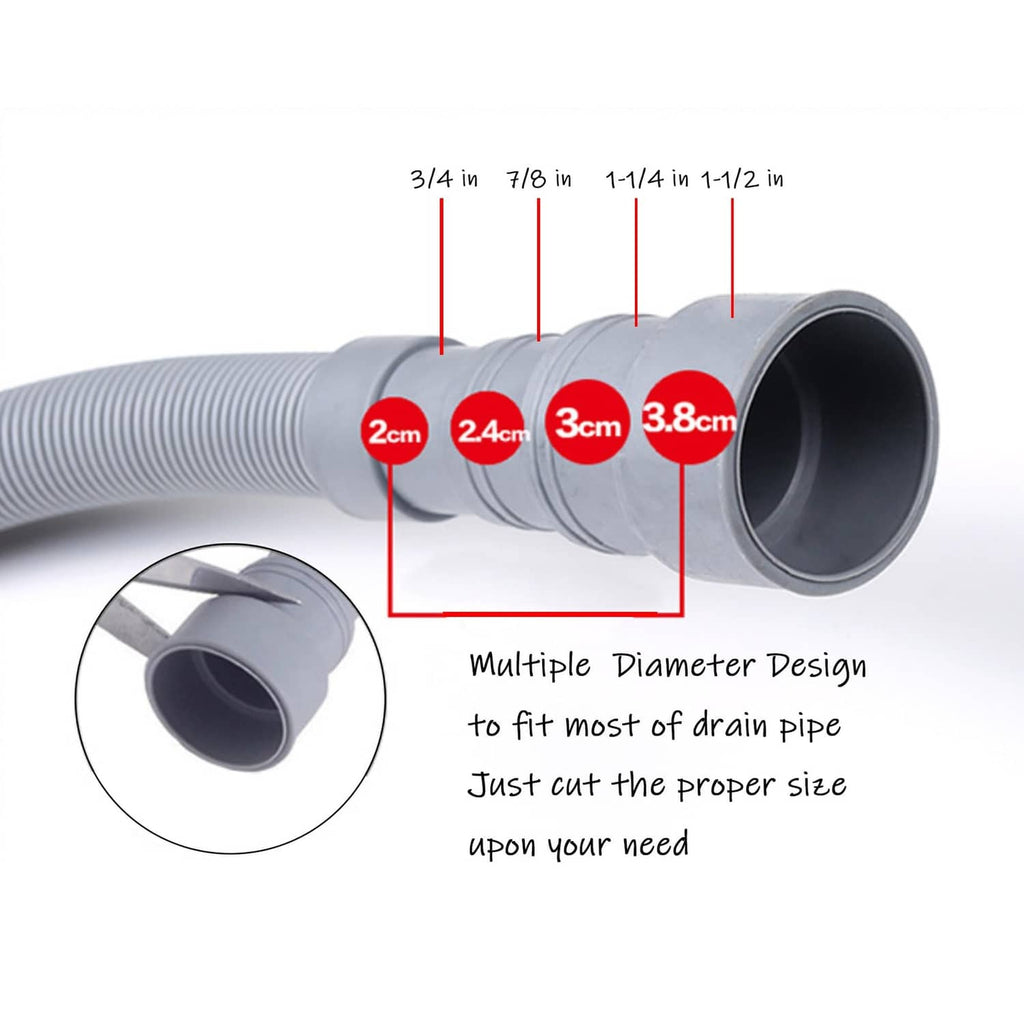 Gray adjustable drain hose with multiple diameter sections for different pipe sizes