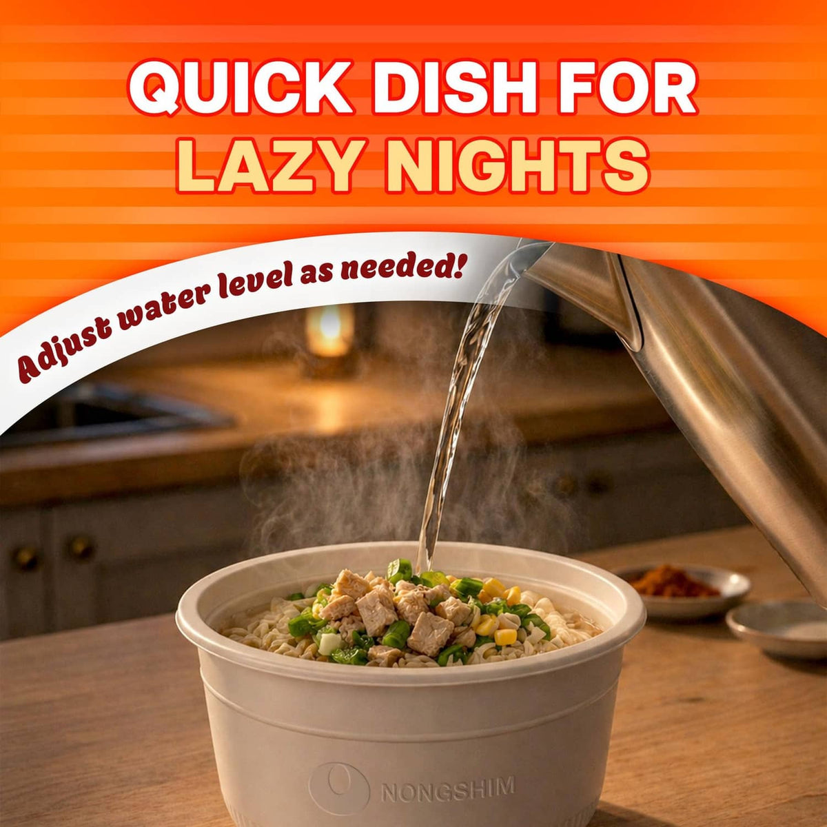 Paper bowl of savory chicken noodle soup being poured from a kettle