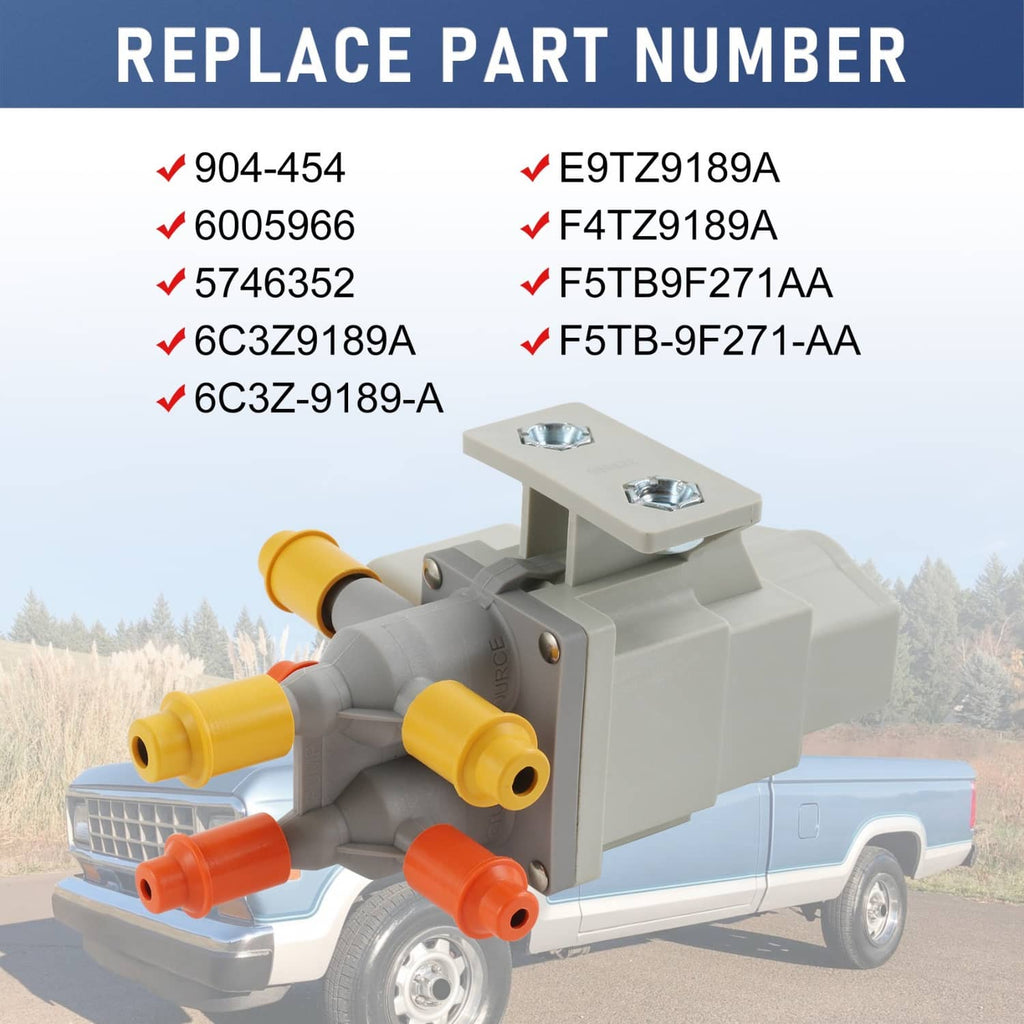 Fuel tank selector valve assembly with gray body and multiple orange/yellow connector outlets