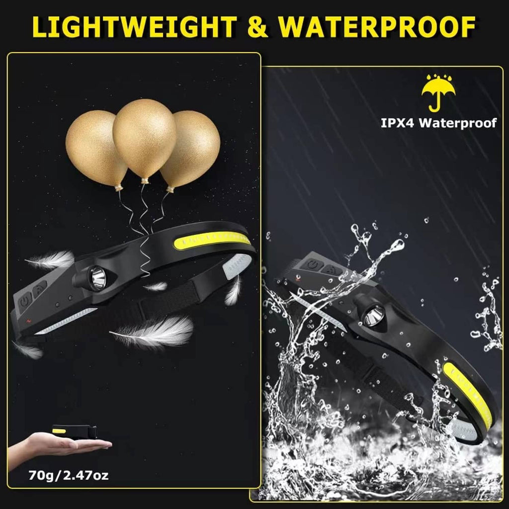 Black waterproof headlamp with front LED bar and yellow status strip
