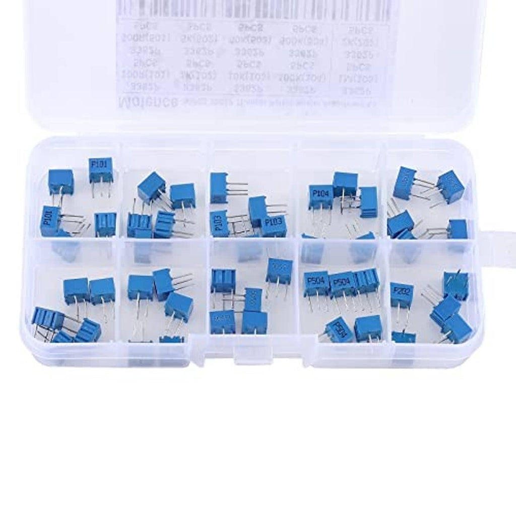 Trimmer potentiometer assortment kit with multiple blue single-turn components in organizer.