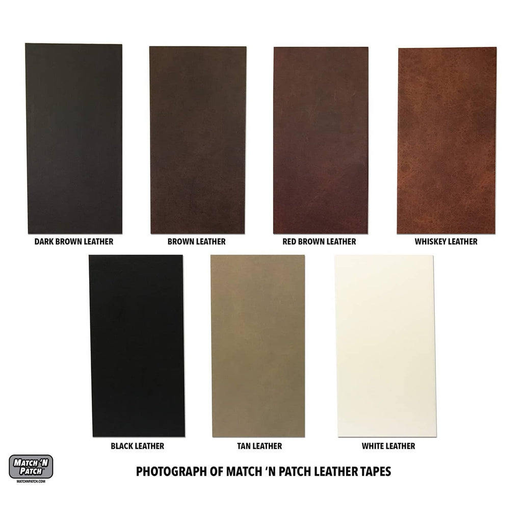 Match 'N Patch realistic leather repair tape color swatches, dark brown to white leather.