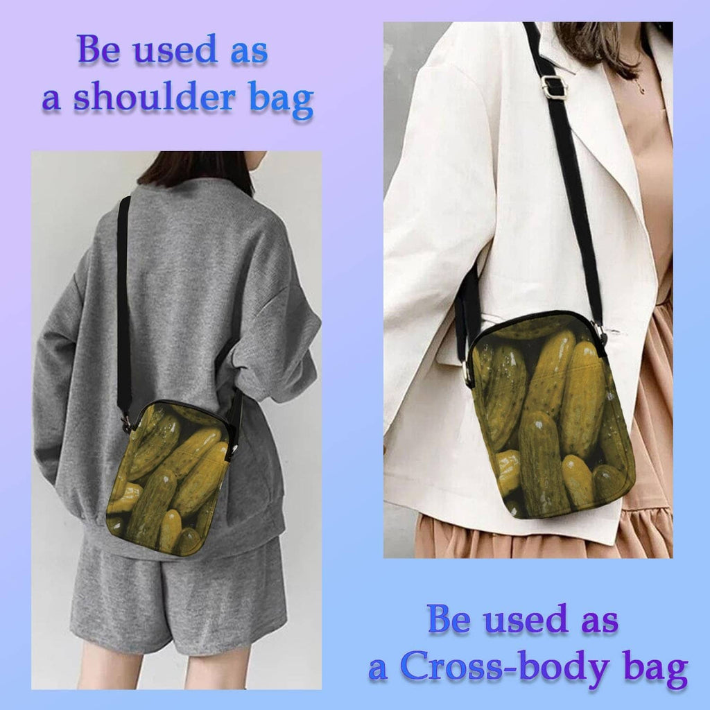 Pickle-print crossbody bag worn over shoulder with black strap