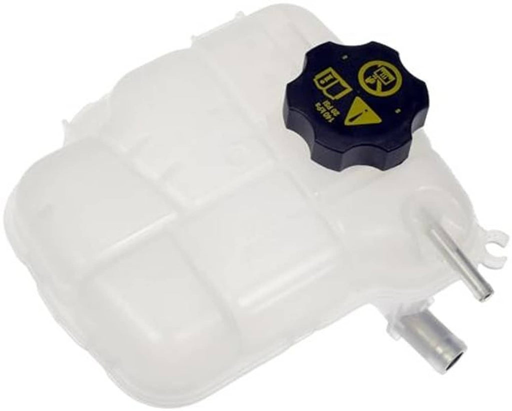 White coolant reservoir with warning cap and twin outlet fittings