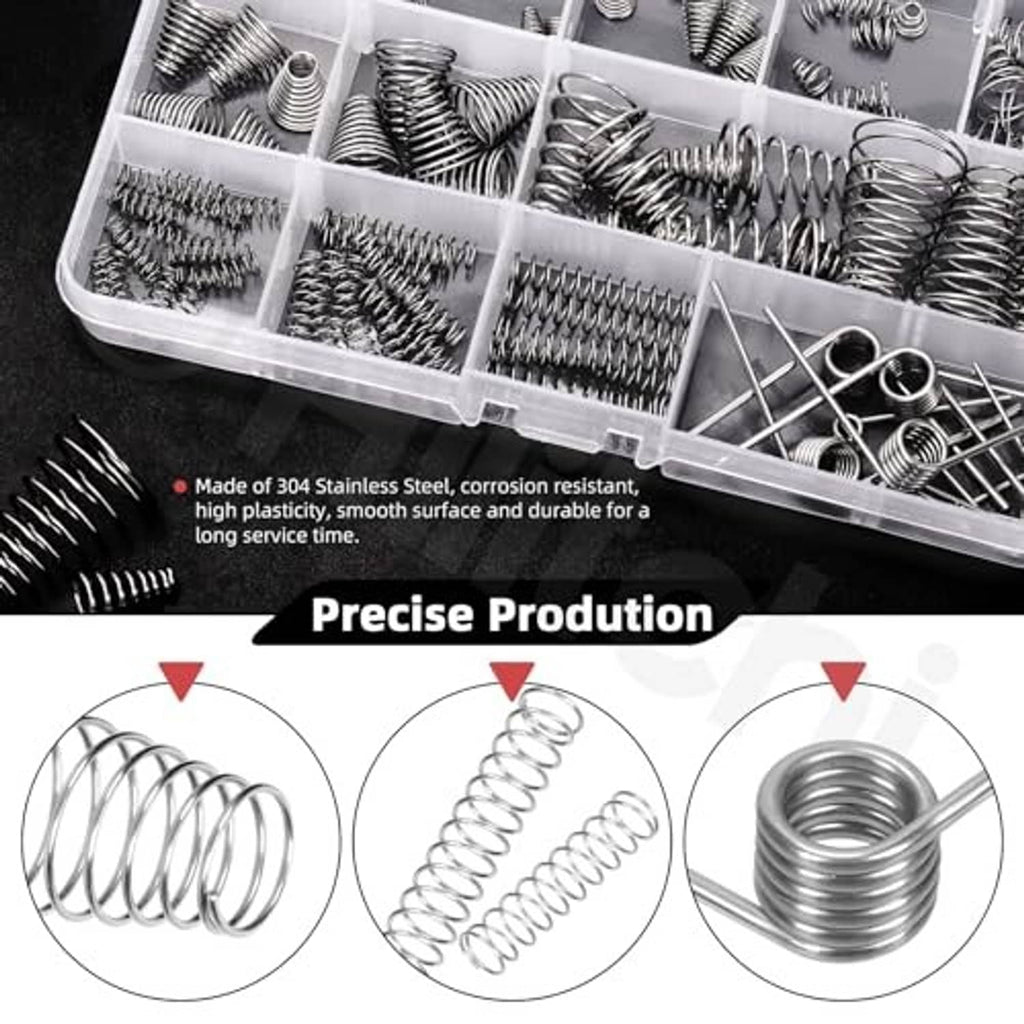 Stainless steel compressed spring assortment in a divided clear plastic storage tray