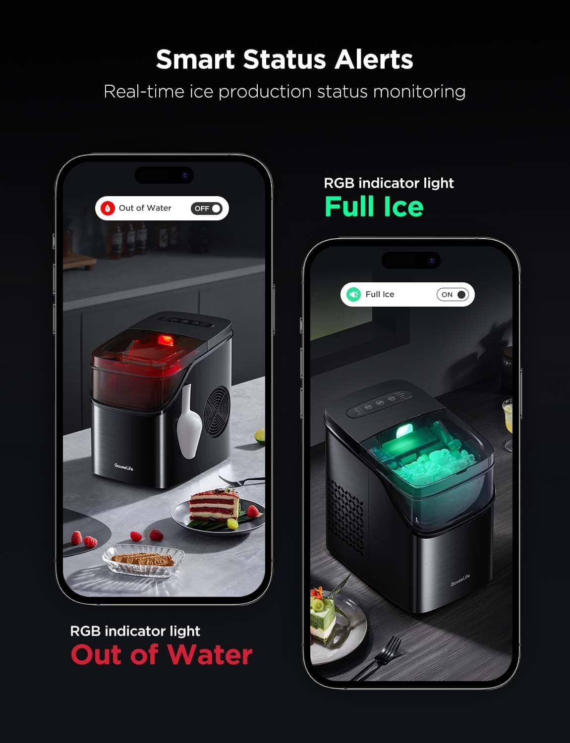 Ice maker with RGB status indicator light and smartphone app showing full ice