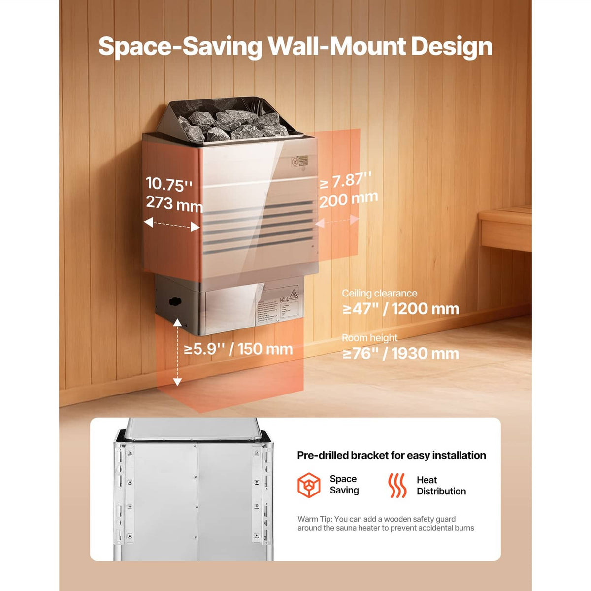 Space-saving wall-mounted stainless sauna heater with stone box and mounting bracket