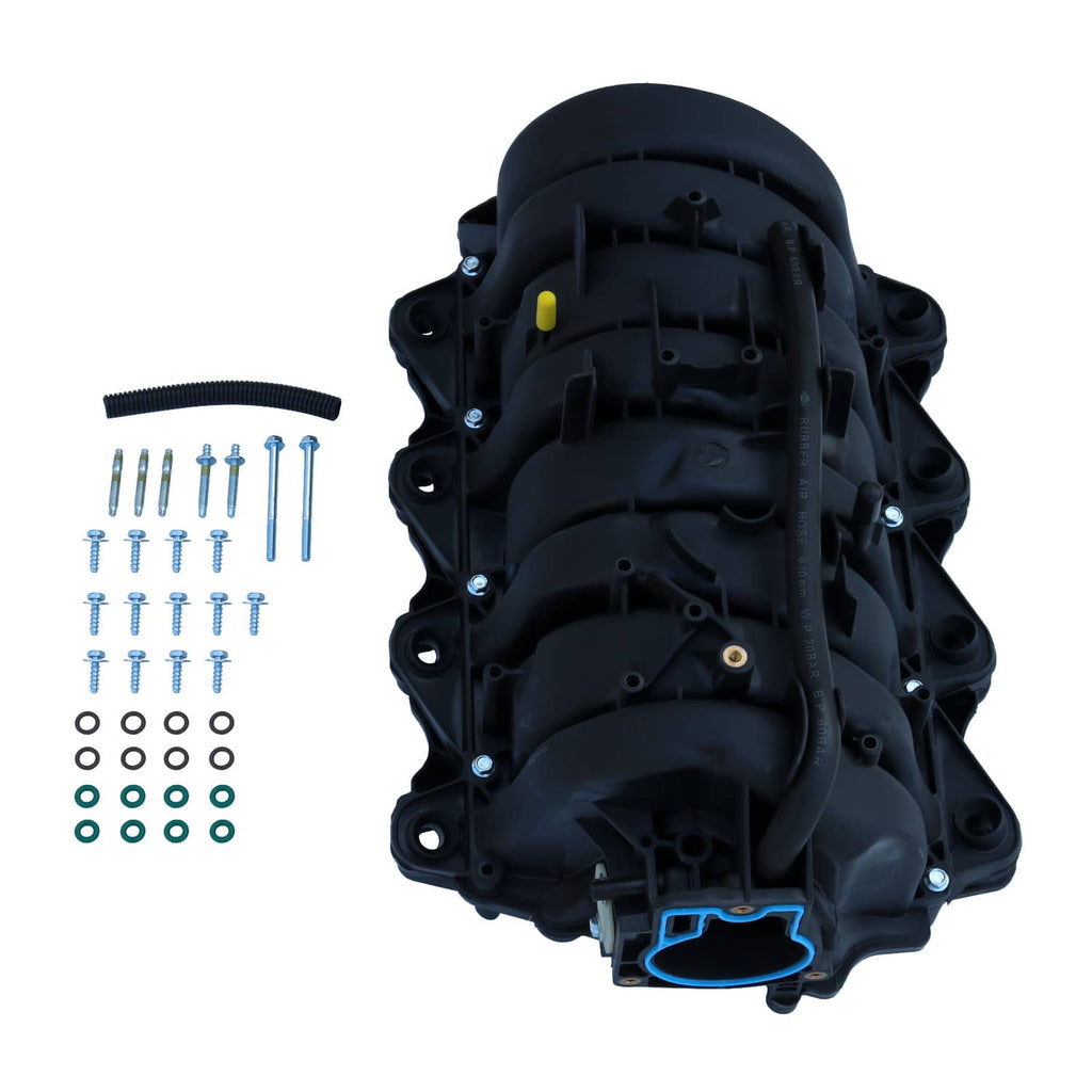 Intake manifold black plastic housing with hoses and mounting bolts; includes screw and washer kit