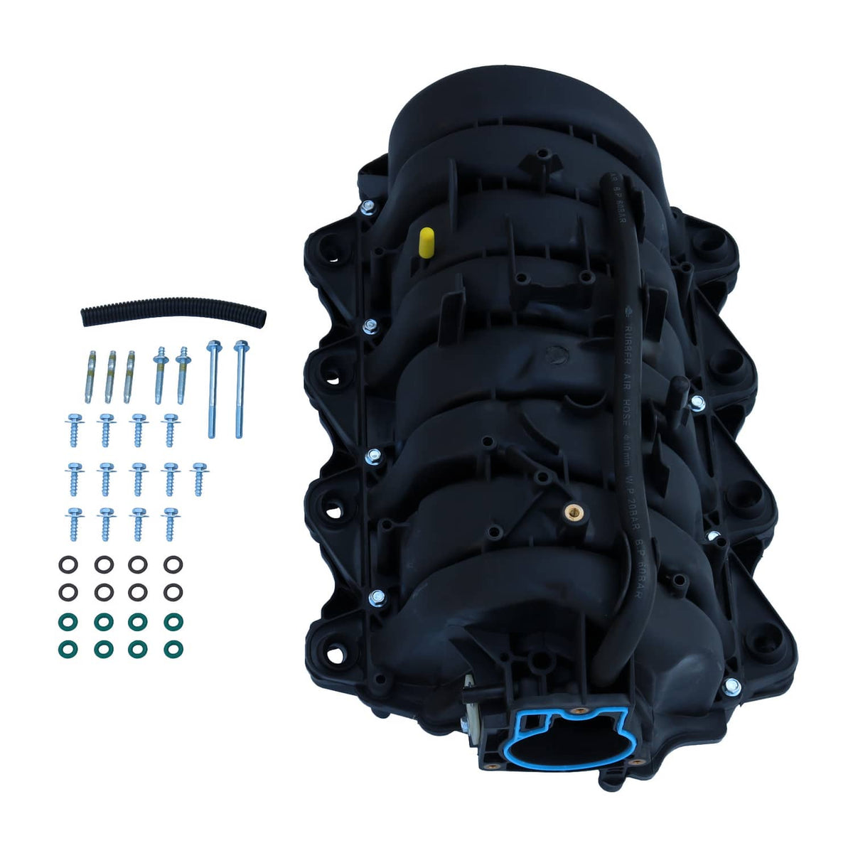 Intake manifold black plastic housing with hoses and mounting bolts; includes screw and washer kit
