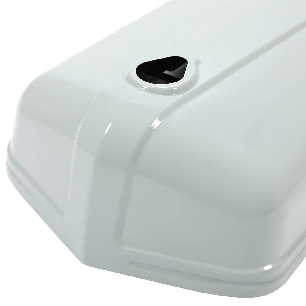 Close-up of light gray tractor hood with oval top vent opening