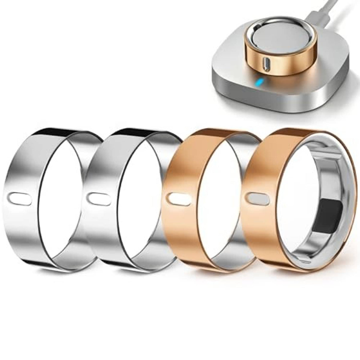 Silver and rose-gold TPU ring covers set of four, shown in a row