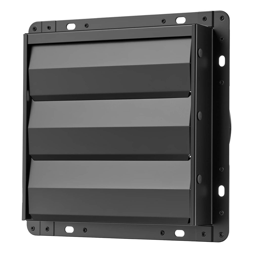 Wall-mounted exhaust fan front panel with automatic louvers in a dark housing