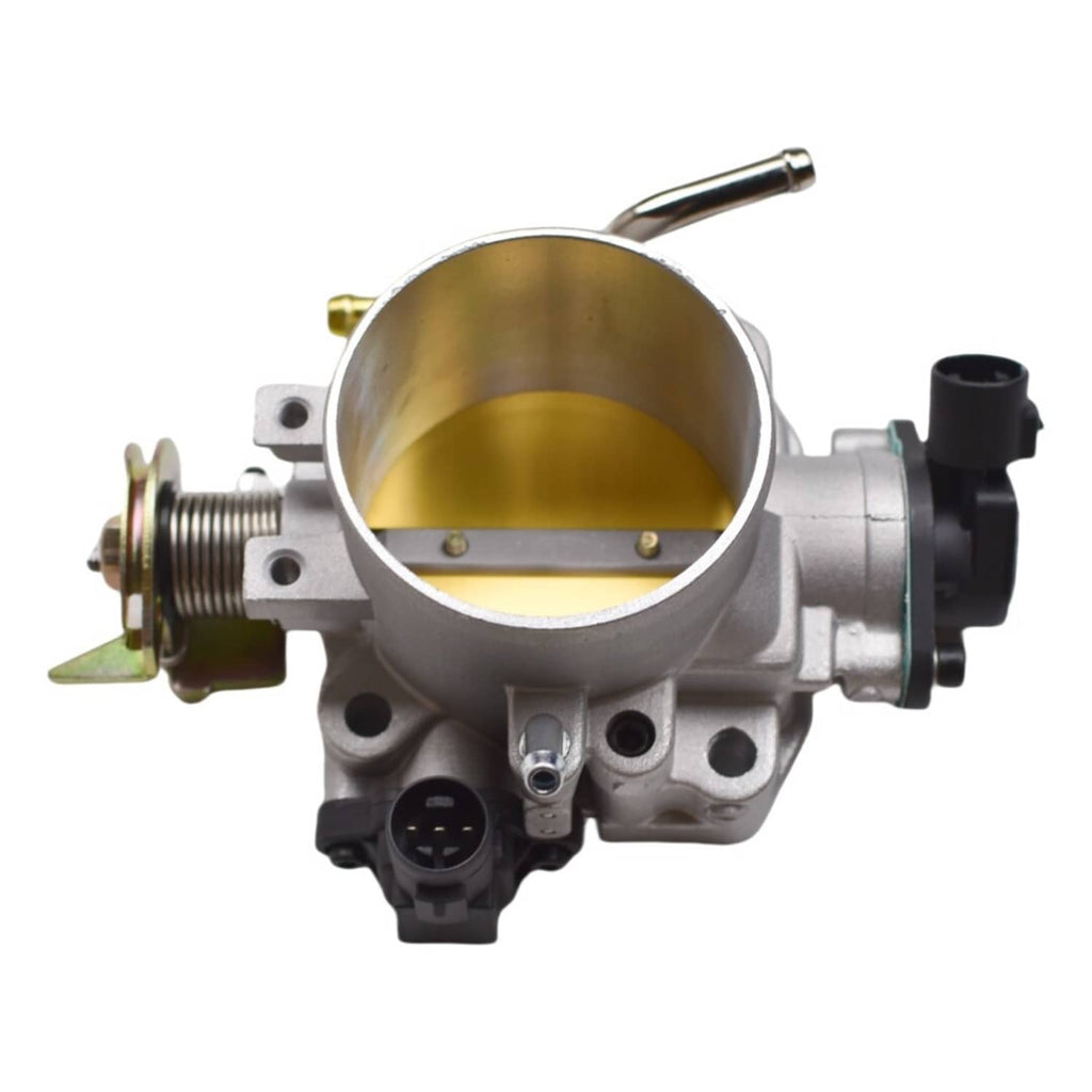 Throttle body front view with gold bore, silver housing with black connector and lever