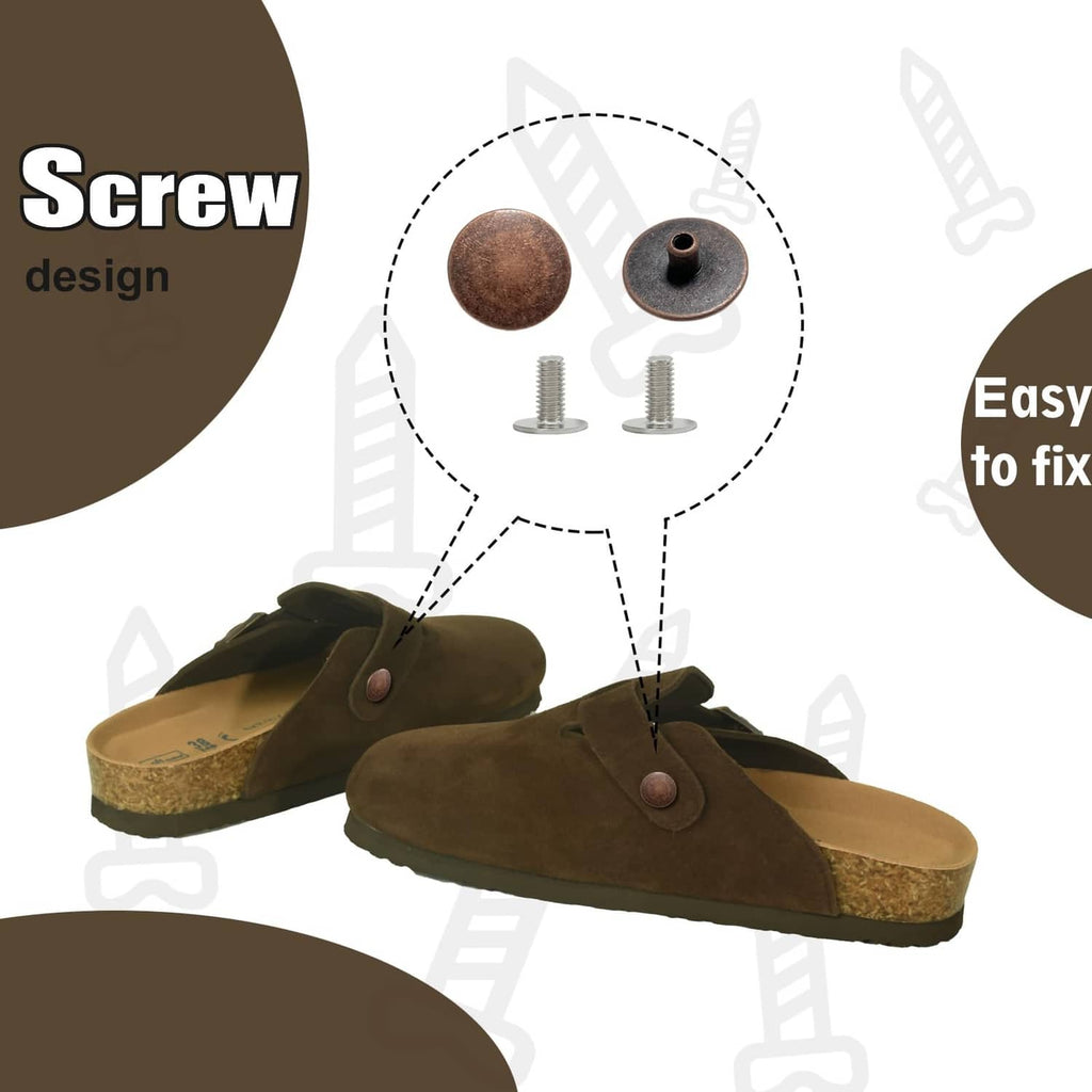 Bronze screw rivet set with round caps, washers, and two steel screws
