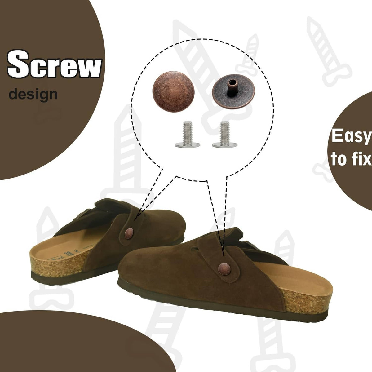 Bronze screw rivet set with round caps, washers, and two steel screws
