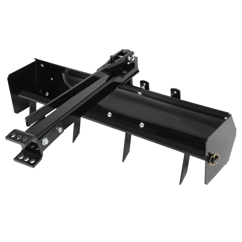 Tow-behind box scraper blade with angled blade assembly and tine-like cutting tips