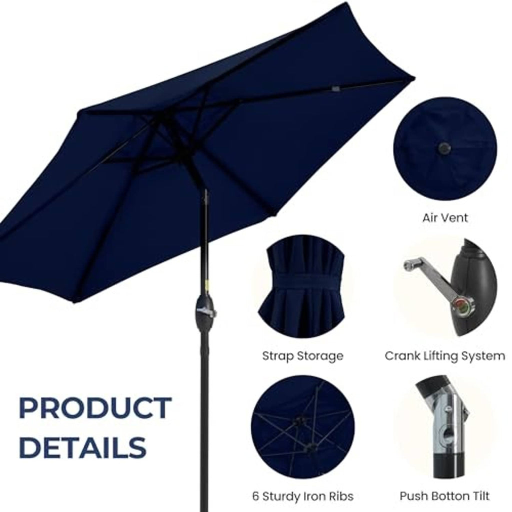 Navy blue patio umbrella with side air vent, strap storage, and crank lift system