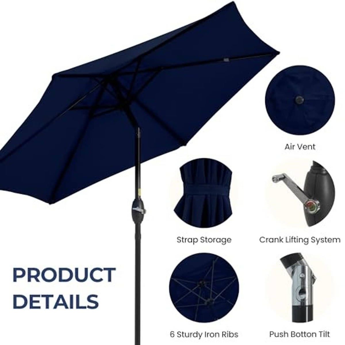 Navy blue patio umbrella with side air vent, strap storage, and crank lift system